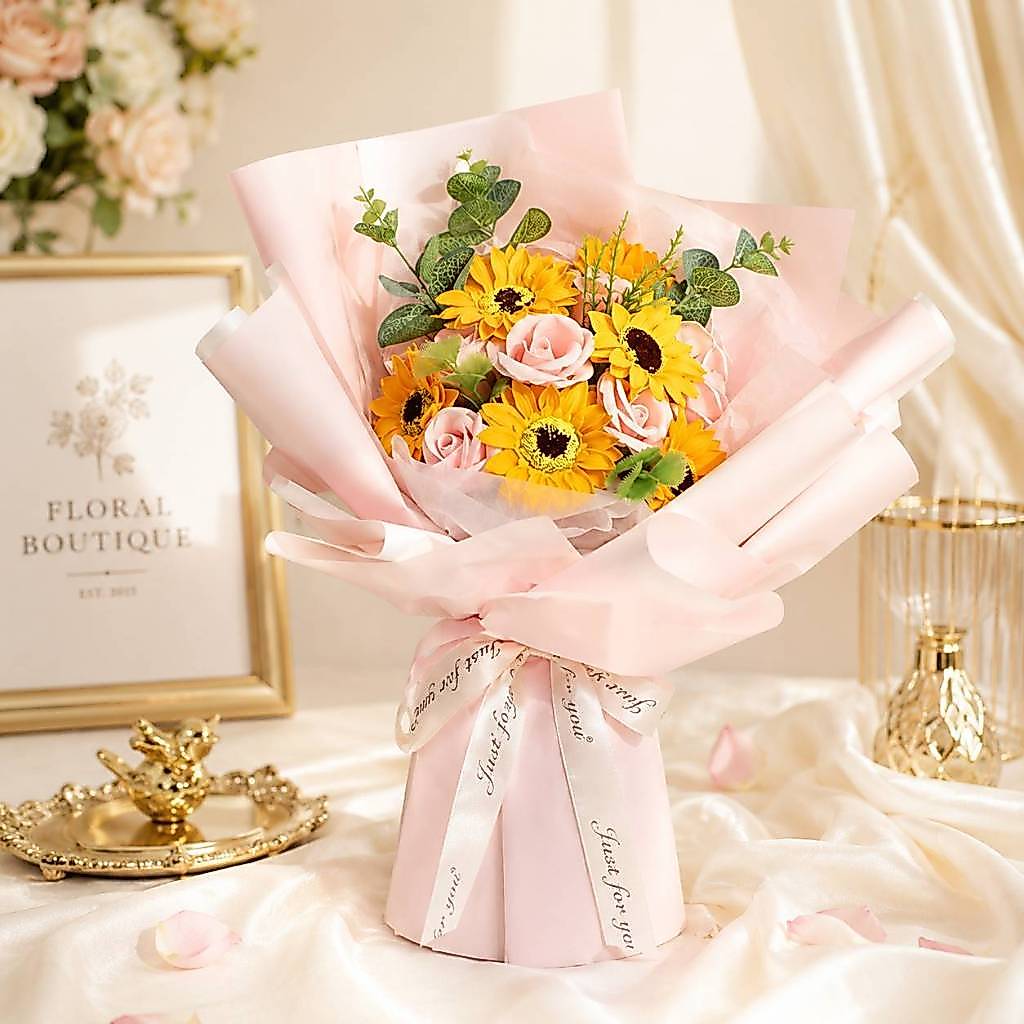 台灣現貨【向日葵玫瑰花束】30~45cm向日葵玫瑰混搭畢業花束 生日禮物 向日葵花束 玫瑰花束 仿真花束 畢業花束