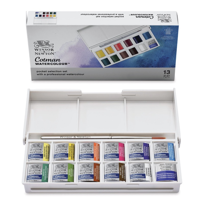 溫莎牛頓 12 色塊狀水彩外盒與內容物