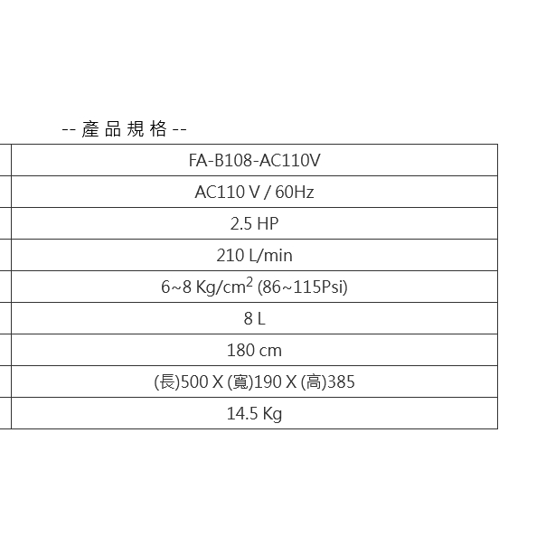 TWO STAR雙星牌總代理騏村110V無油式空壓機FA-B108 FA-B112 110V交流AC 商品圖片 4