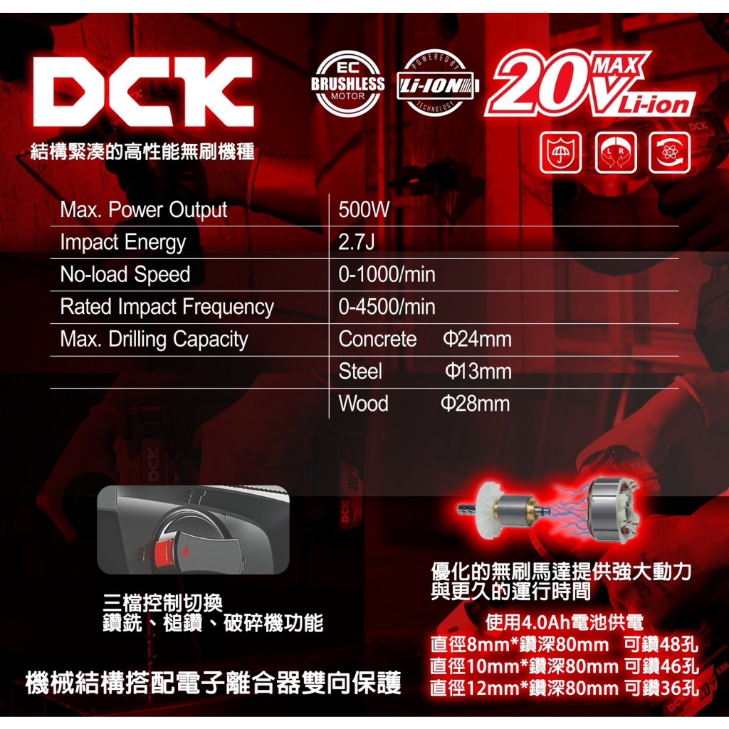 附發票-東成DCK 20V無刷鋰電四溝槌鑽 M20 無刷BID 商品圖片 2