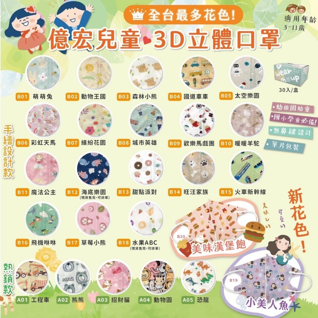 億宏 兒童 幼童 3D 立體口罩 獨立包裝 醫用口罩 細繩 30入 動物 車 工程車 熊 船 火車 台灣製造