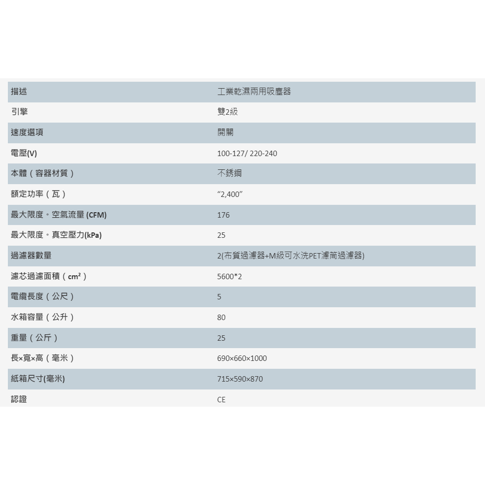 美國雙馬達KOLAI格萊VI-2020 80公升2400W乾濕兩用吸塵器低噪音 工業用強力型 商品圖片 2