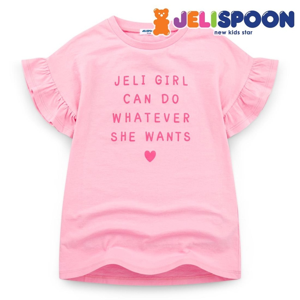 韓國🇰🇷 JELISPOON 女童款字樣印花荷葉邊短袖長版上衣