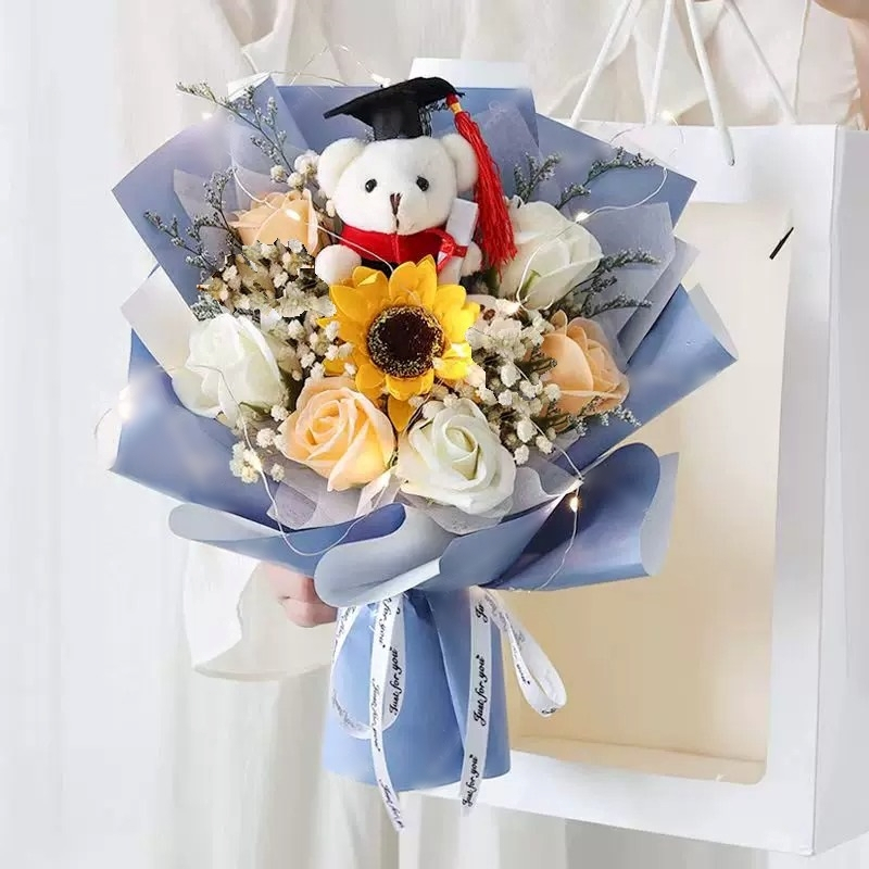 坐姿畢業熊滿天星香皂花束(深藍),單朵向日葵+6朵玫瑰
