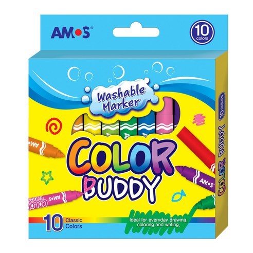 AMOS阿摩司 Color Buddy 粗字水性彩色筆 可水洗 兒童無毒繪畫彩色筆｜10色經典組｜韓國 EN71 認證