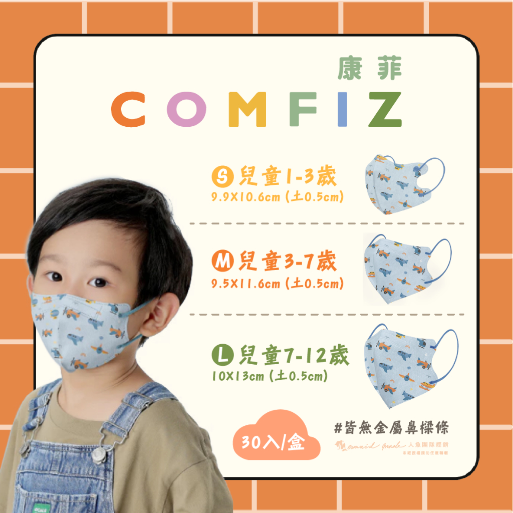 康菲COMFIZ 兒童3D立體 醫療口罩 幼幼口罩 小童口罩 中童口罩 大童口罩 無鼻壓條 20入 30入/盒