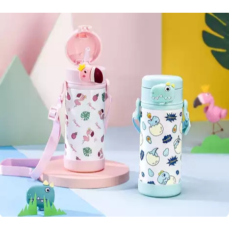韓國 Nuby 兒童不鏽鋼彈蓋把手吸管杯（恐龍薄荷綠/火烈鳥粉色）280mL