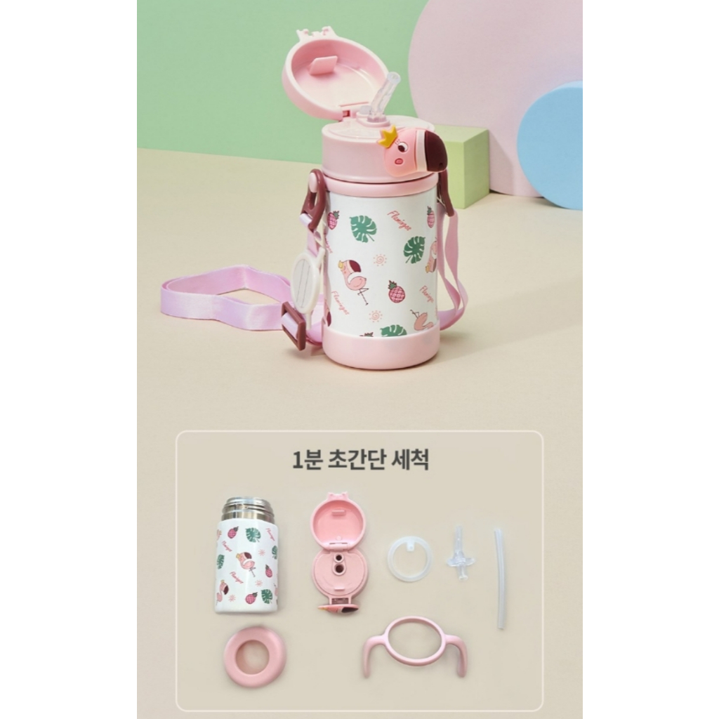 韓國 Nuby 兒童不鏽鋼彈蓋把手吸管杯（恐龍薄荷綠/火烈鳥粉色）280mL