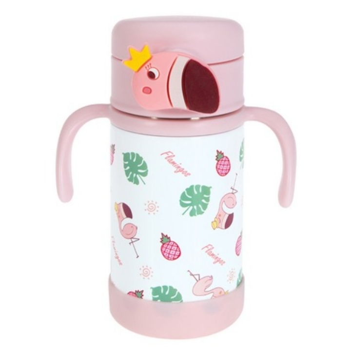韓國 Nuby 兒童不鏽鋼彈蓋把手吸管杯（恐龍薄荷綠/火烈鳥粉色）280mL