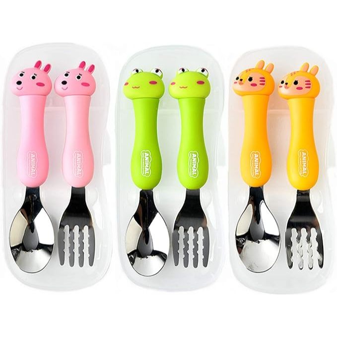 SPOONFORK 兒童動物餐具組 匙叉盒 (綠色青蛙/粉色兔子/黃色小雞)