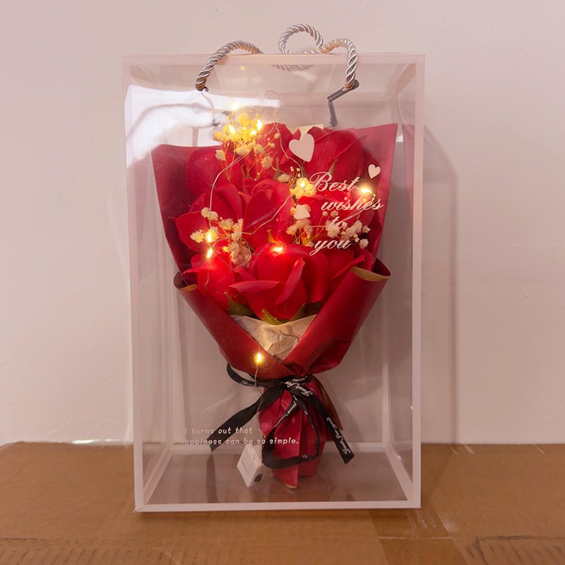 9朵 | 大紅色 玫瑰滿天星,花束＋透明禮盒 + 燈串