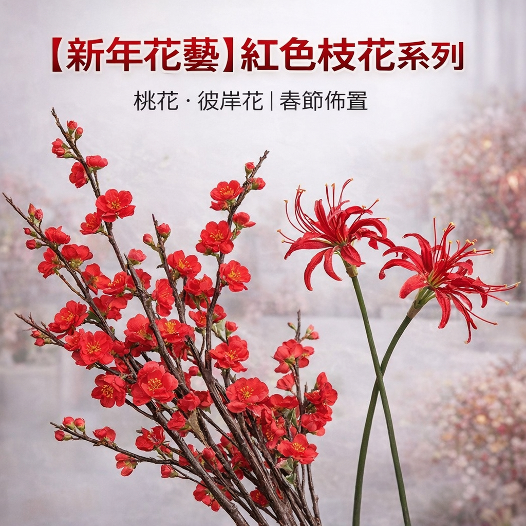 台灣現貨【紅色枝花】新年枝花桃花彼岸花山茶花 春節插瓶門口擺飾 商業空間陳列 節慶花藝單枝 花藝材料 新年佈置