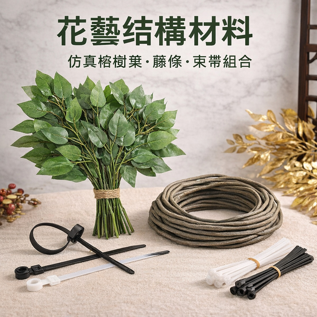 台灣現貨【花藝結構材料組】仿真榕樹葉過膠葉材無葉藤條束帶 花牆花藝骨架固定 綠植佈置DIY 教學材料(依選項/賣場規格為