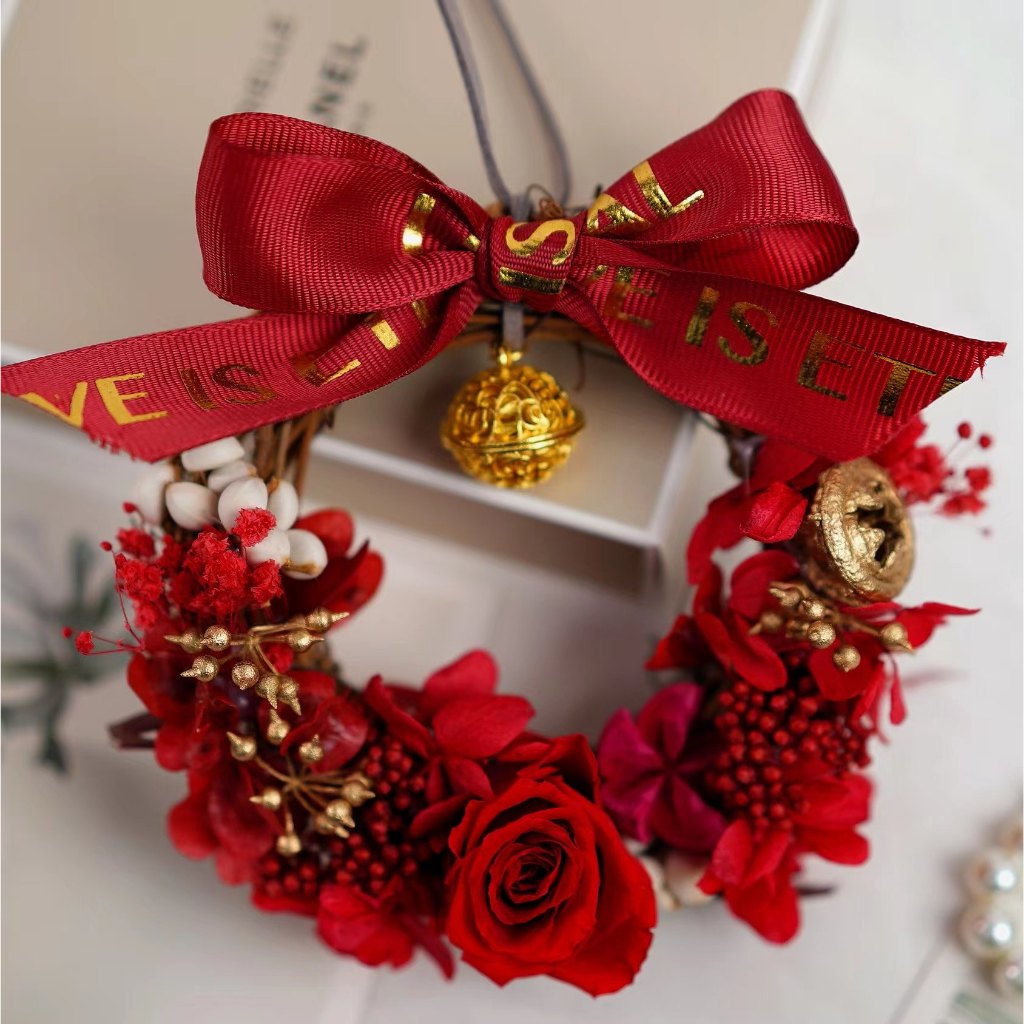 【紅色】DIY 10cm花環+花材+燈串