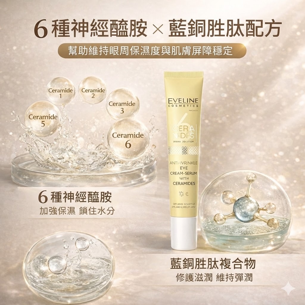 Eveline 波蘭原裝 神經醯胺眼霜 20ml 藍銅胜肽配方 乾敏肌適用 深層保濕修護 深層保濕 眼周修護 緊緻提亮