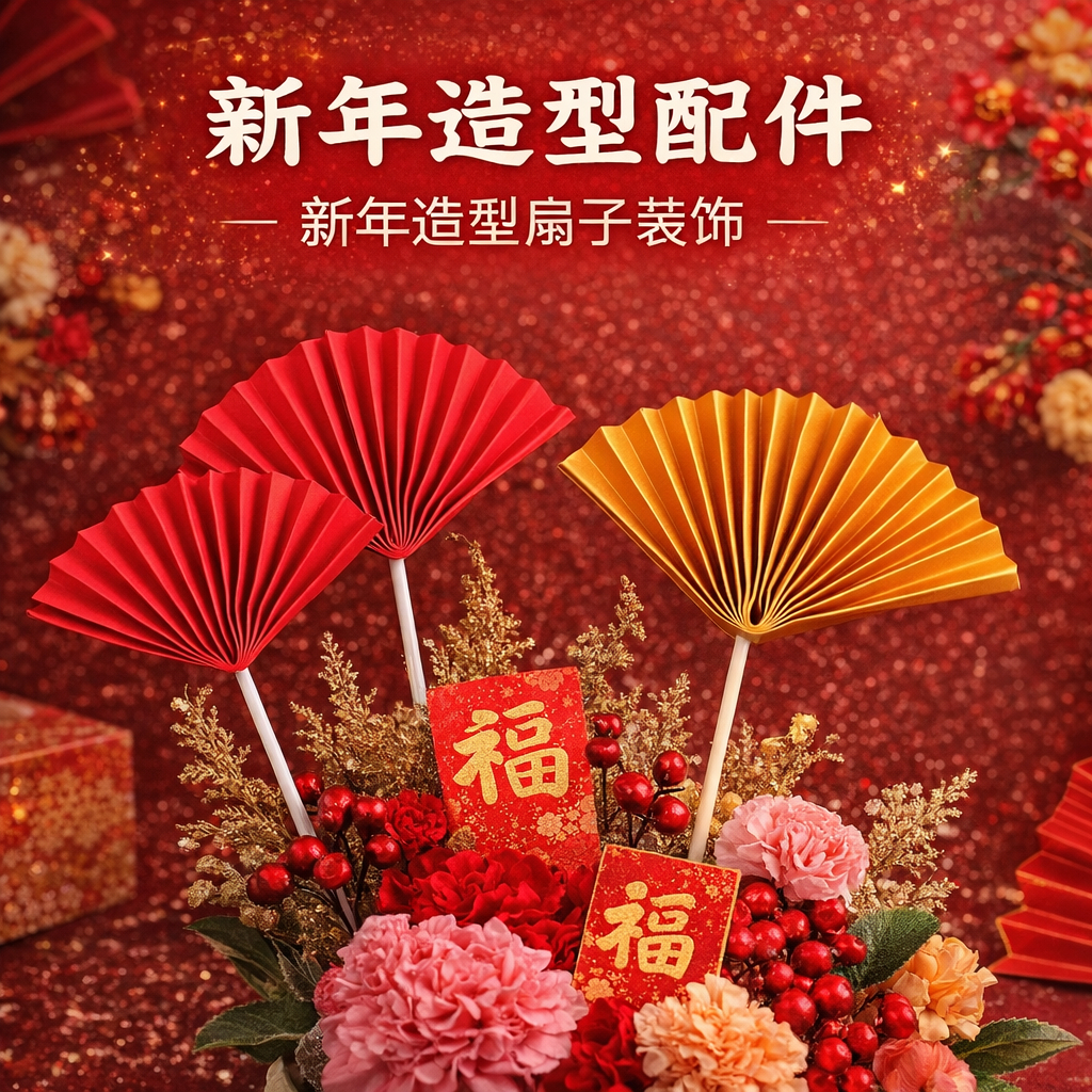 台灣現貨【新年花藝造型扇子】金扇紅扇國畫扇書法扇 卡插插花盆栽佈置 新春手作櫥窗 新年佈置 花藝插件