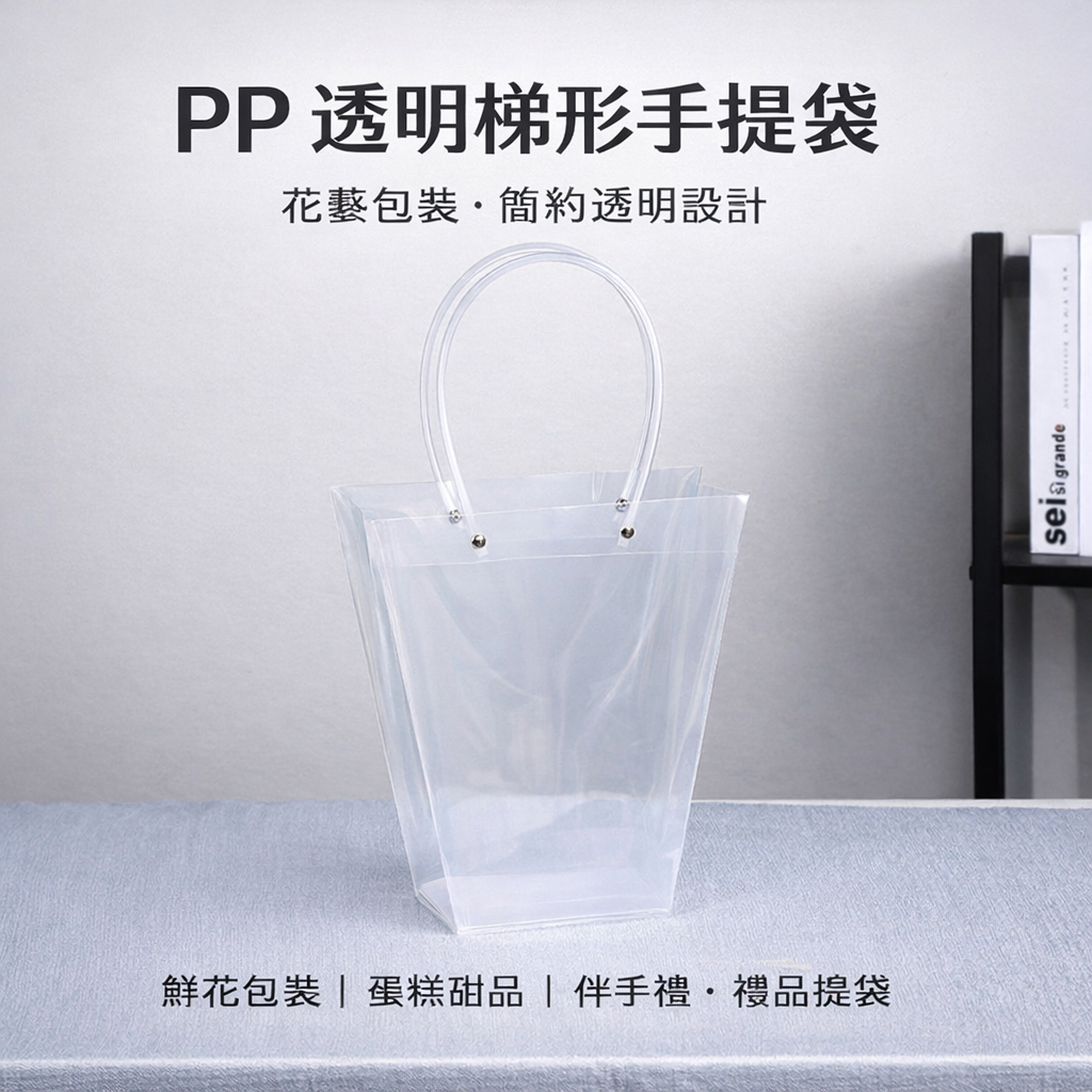台灣現貨【透明梯形手提袋】PP透明提袋 花束蛋糕甜品禮盒包裝袋 可站立手提袋 送禮提袋 多尺寸 花束包裝 包裝材料