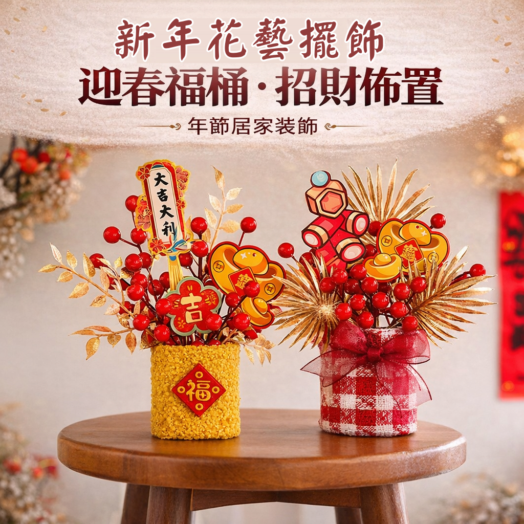 台灣現貨【迎春福桶擺飾】馬年年宵仿真花發財果桌上佈置 櫃檯辦公室招財祝福 新年佈置