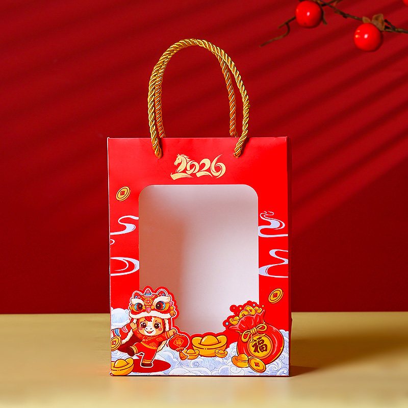 台灣現貨【紅色透明視窗提袋】新年福袋手提禮物袋 金色提繩 紙袋包裝 交換禮物糖果小物展示 包裝材料