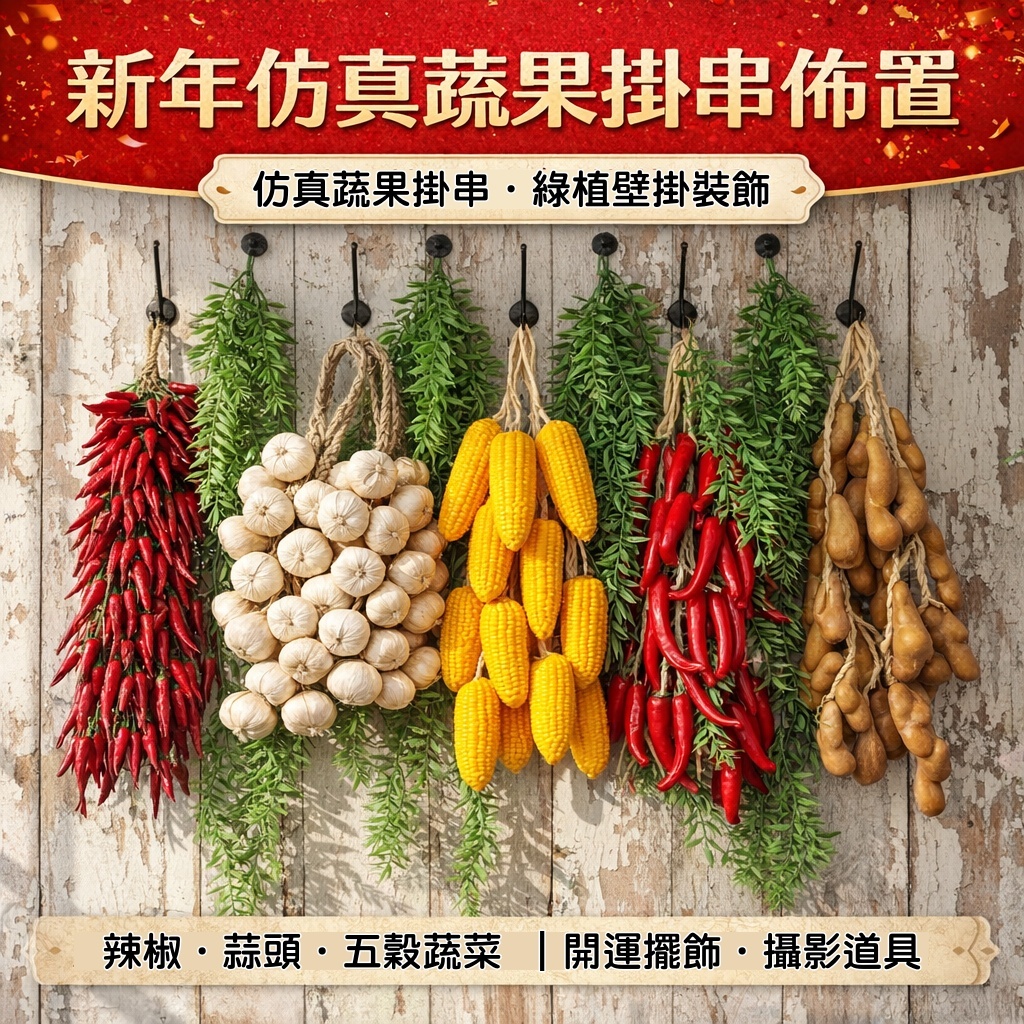台灣現貨【仿真蔬果掛串】新年開運年節掛飾 辣椒蒜頭五穀蔬果 廚房牆面櫥窗佈置 新年佈置 裝飾掛飾