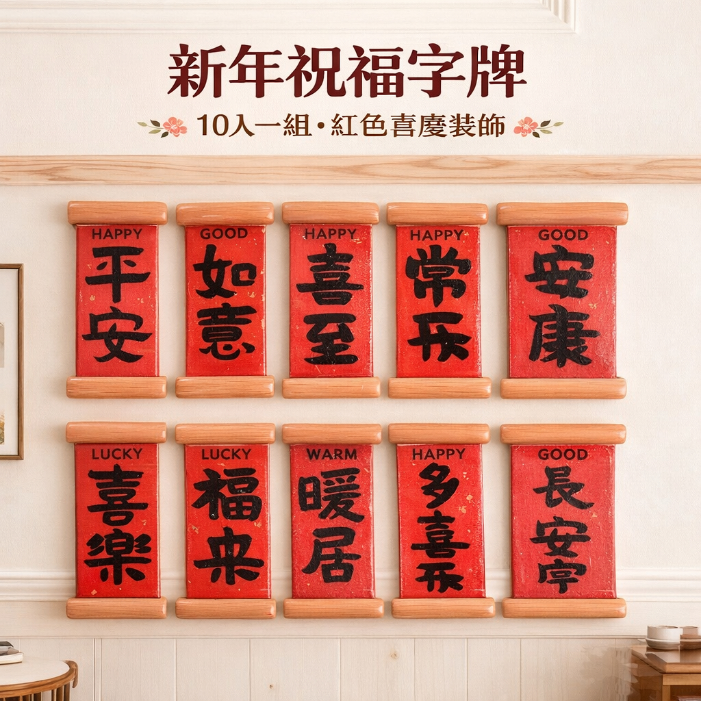 台灣現貨【新年祝福字牌】紅底祝福語中卡字牌 盆栽插花禮盒包裝DIY裝飾 一套10個隨機 新年佈置