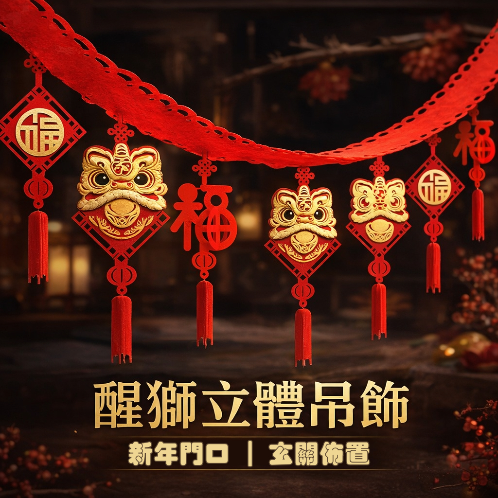 台灣現貨【醒獅立體吊飾】新年門口玄關牆面吊掛 3米長商家主視覺佈置 醒獅元寶福字 開運裝飾 新年佈置 玄關裝飾