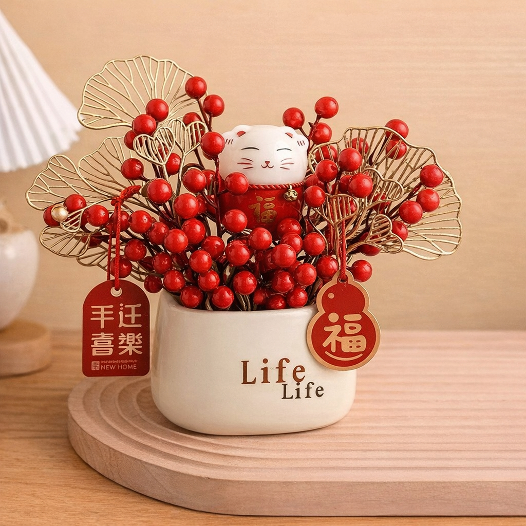 LIFE盆+紅果/金葉+招財貓+隨機掛件