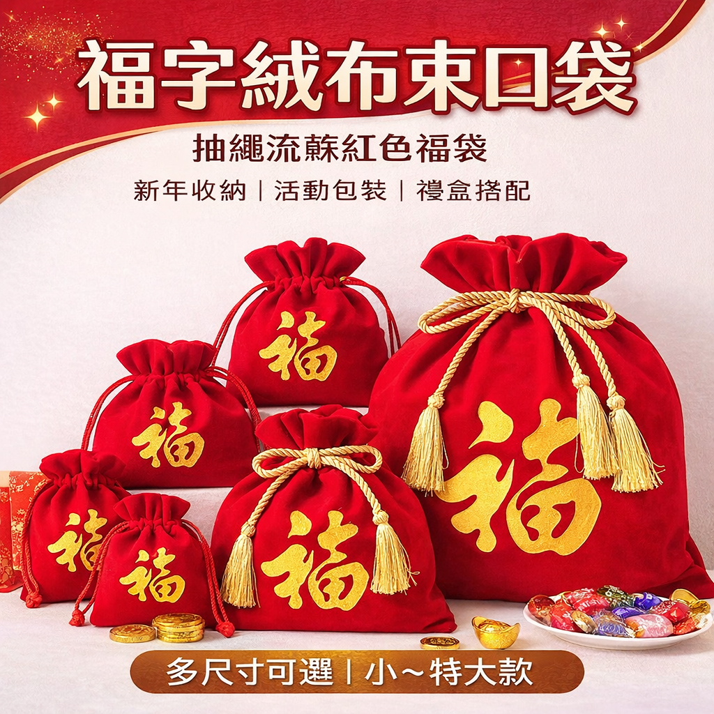 台灣現貨【絨布束口福袋】新年收納抽繩流蘇袋 912cm 包裝材料 禮盒包裝 新年佈置 拍照打卡