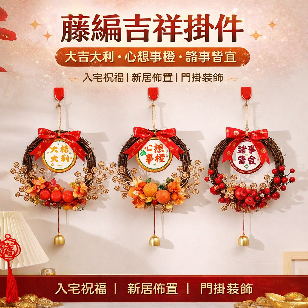 台灣現貨【藤編吉祥門掛】開運喬遷入宅掛件 果實銅錢緞帶 玄關大門新年佈置 玄關裝飾