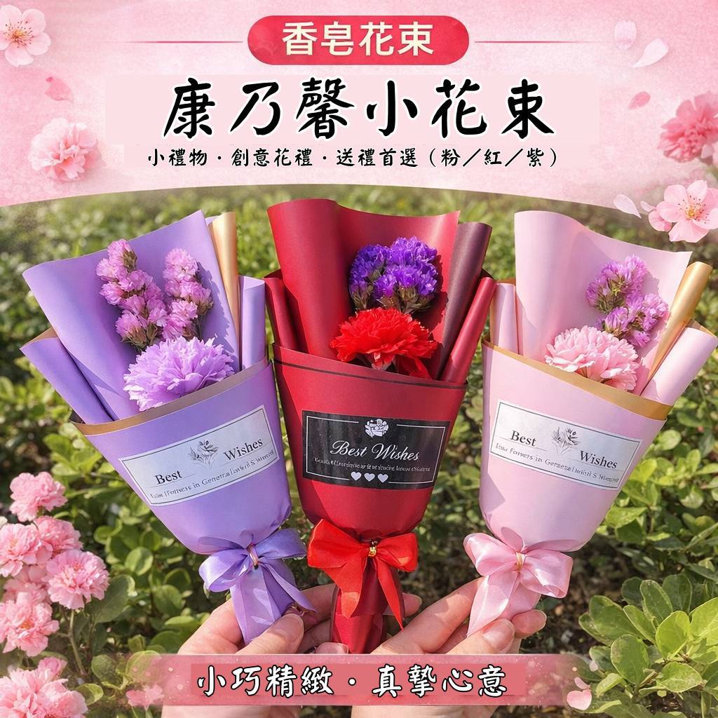 台灣現貨【康乃馨香皂花束】10x28cm小花束 母親節感謝送禮 附透明提袋燈串選配 成品花禮 母親節花束 送媽媽 生日禮