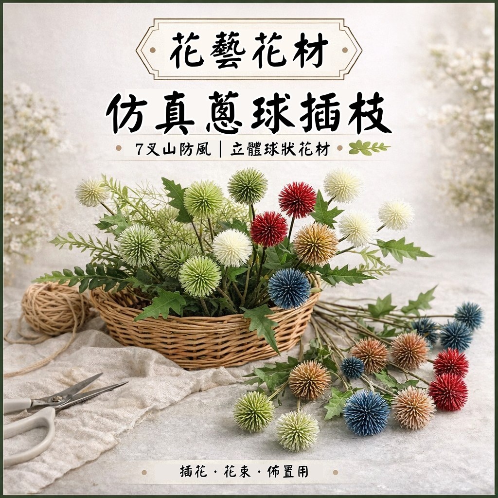 台灣現貨【仿真蔥球插枝】7叉球狀毛球花立體感配花 花束插花桌花瓶插佈置 單支 新年佈置 花藝材料