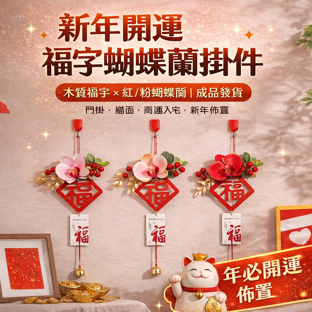 台灣現貨【福字門掛】木質福字蝴蝶蘭掛件 紅粉 新年玄關房門牆面佈置 喬遷入宅開店送禮 新年佈置 玄關裝飾
