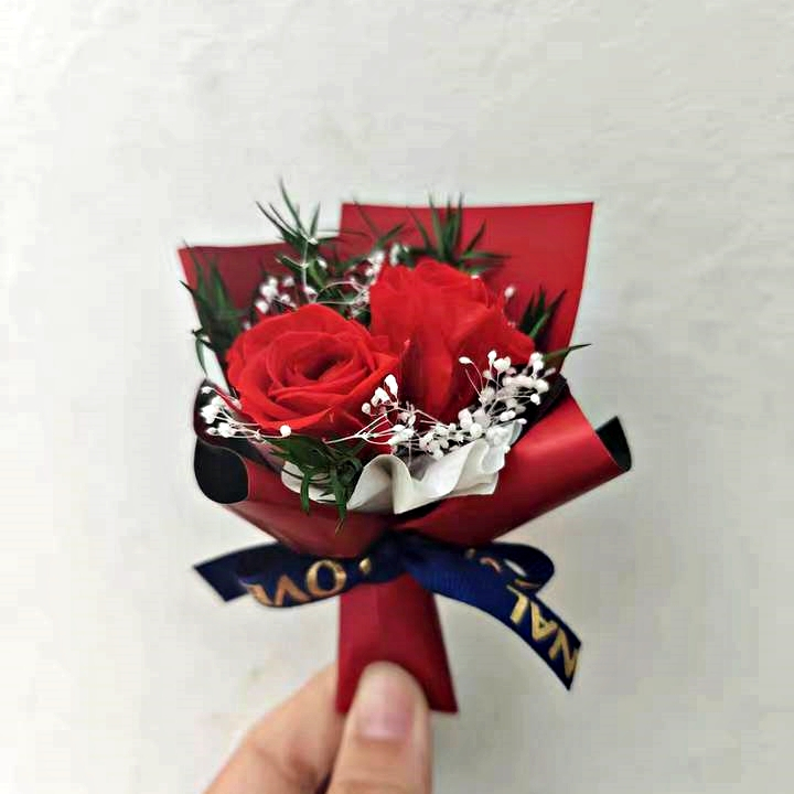 (迷你永生花)兩朵紅玫瑰,純花束（無玻璃罩／無燈串）