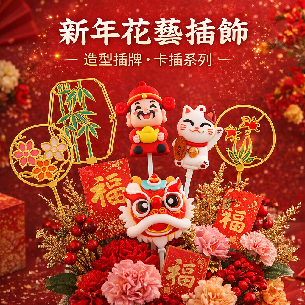 台灣現貨【新年插牌】舞獅元寶福字錦鯉造型卡插 插花盆栽裝飾 花藝作品加值 櫃檯商空年節佈置 新年佈置 花藝插件