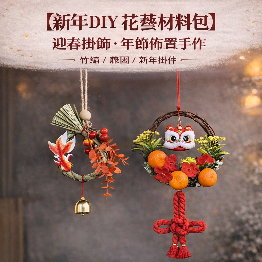 台灣現貨【新年竹編藤圈DIY】迎春掛飾材料包 醒獅福字蘋果款 玄關門把牆面佈置 親子手作課程用 DIY材料包 手作材料 