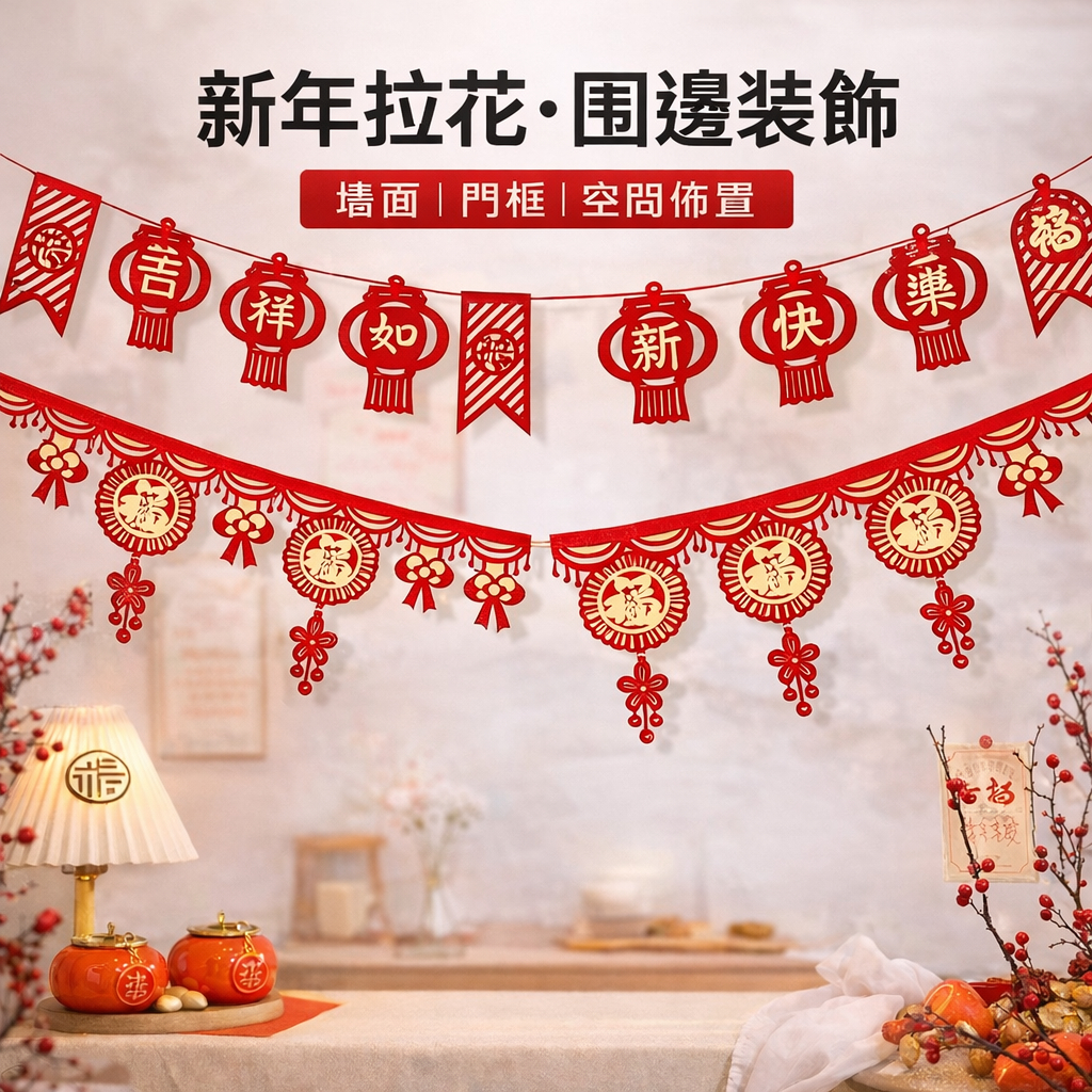台灣現貨【新年拉花毛條】紅金福字彩條圍邊 門框牆面窗邊佈置 春節店面教室會場裝飾可塑型 新年佈置