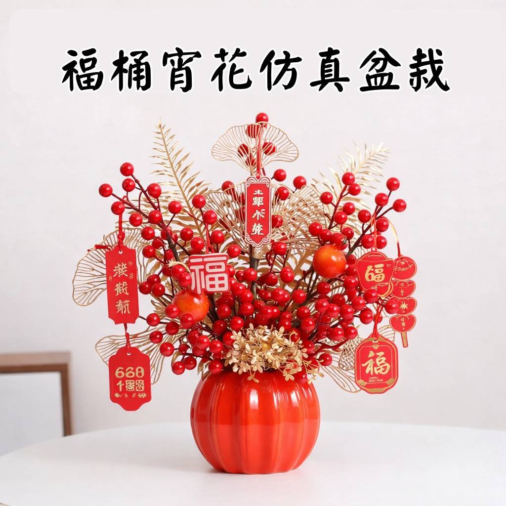 台灣現貨【新年福桶擺件】福桶宵花紅果仿真盆栽 玄關櫃檯 開運送禮 成品免組裝