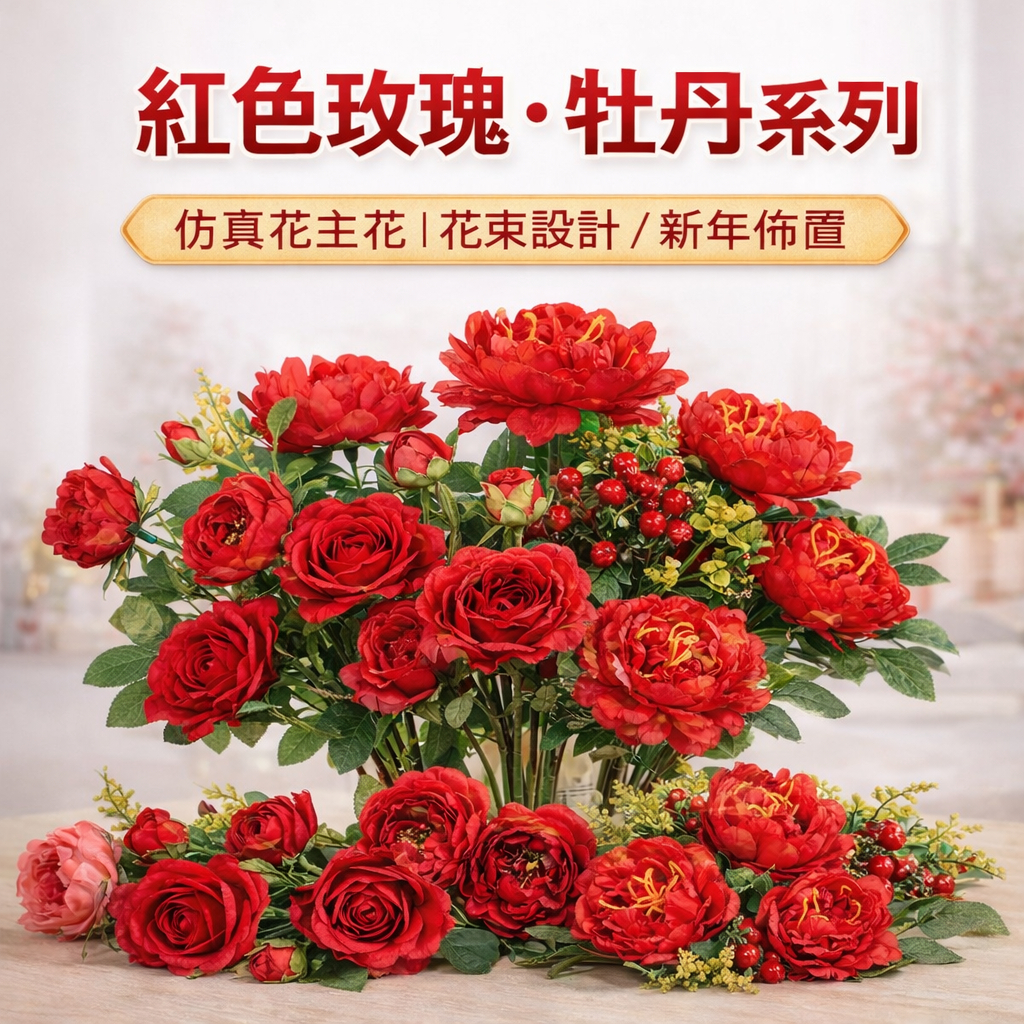 台灣現貨【紅色仿真主花系列】仿真玫瑰牡丹主花飽滿立體 花束主花新年春節喜慶花藝 櫥窗佈置拍攝道具 花藝材料 新年佈置