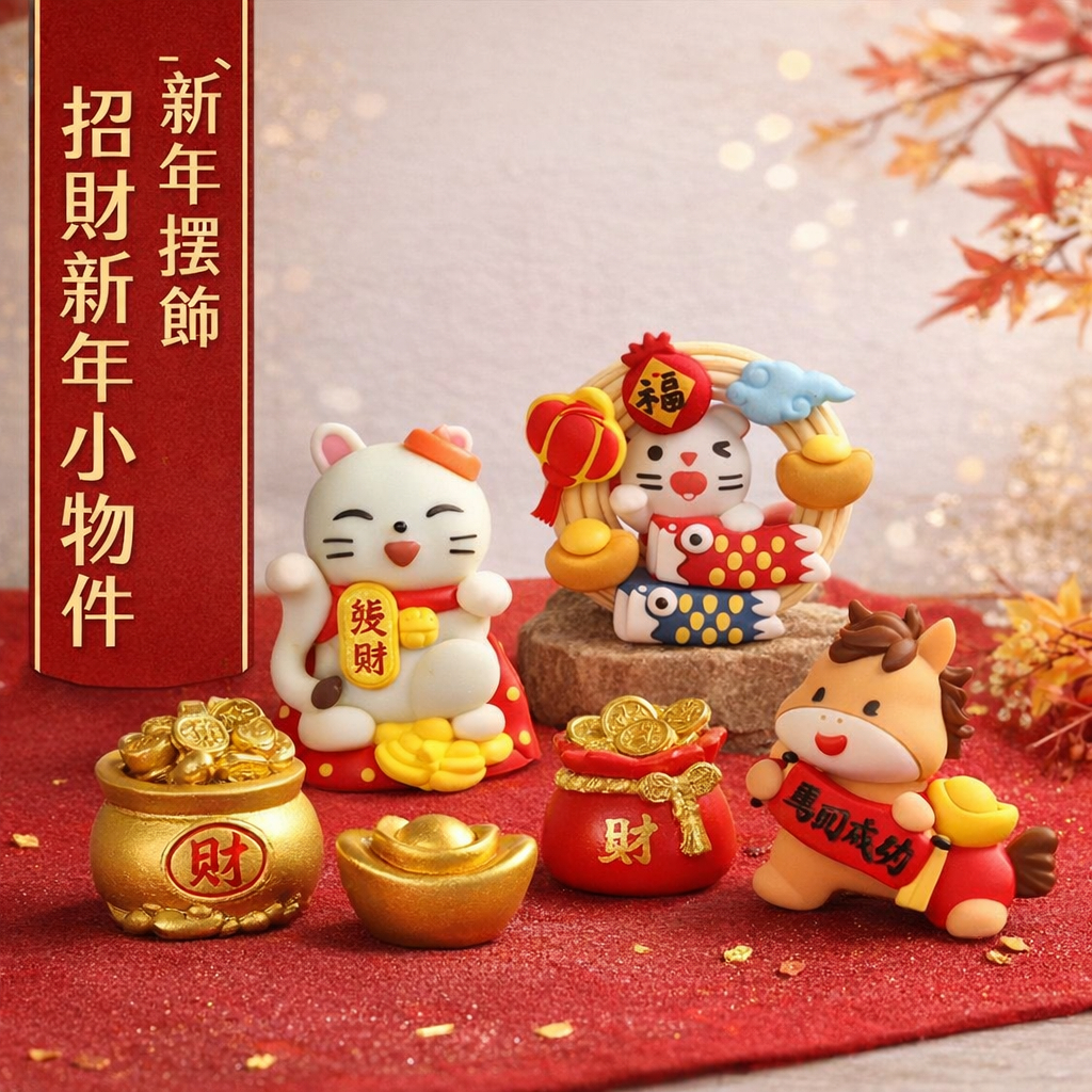台灣現貨【招財小擺件】軟膠樹脂招財貓元寶小馬 福字桌面盆栽裝飾 櫃檯佈置新年小物 新年佈置