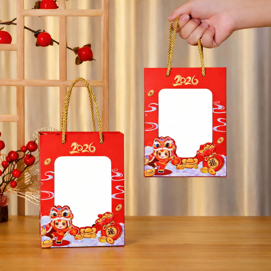 台灣現貨【紅色透明視窗提袋】新年福袋手提禮物袋 金色提繩 紙袋包裝 交換禮物糖果小物展示 包裝材料