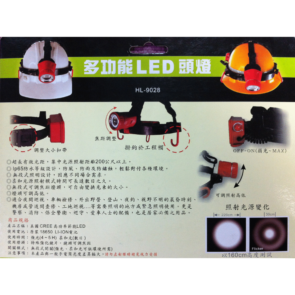 HL-9028高亮度1000流明工程專用LED頭燈8W 無段調光 防水防雨IP65 配鋰電池 非尚光 商品圖片 4
