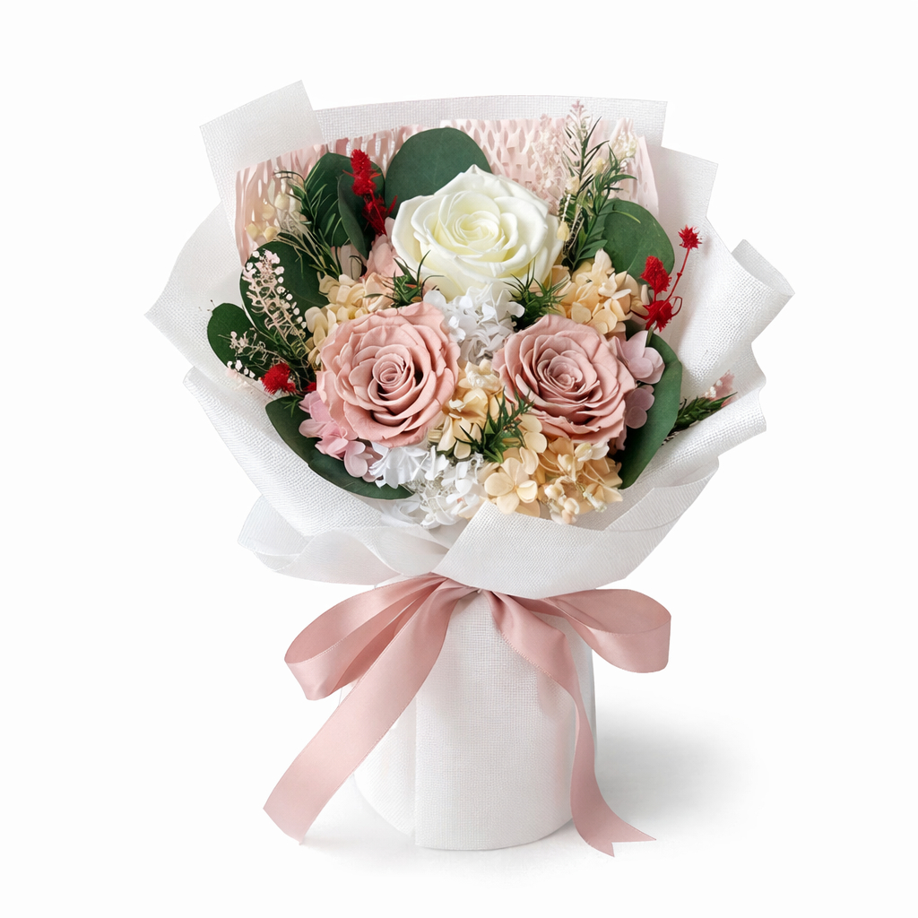 30cm3朵永生玫瑰花束（柔粉）,純花束（無提袋／無燈串）