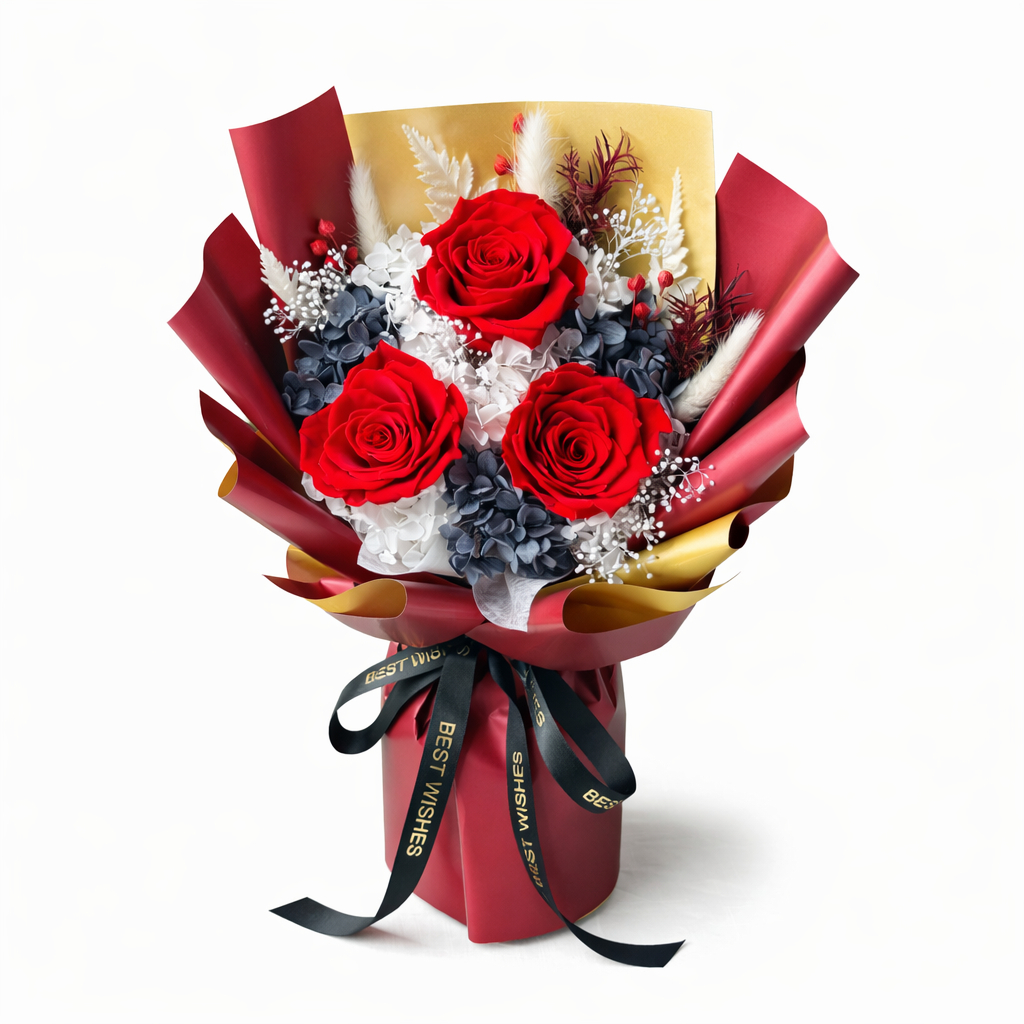 30cm3朵永生玫瑰花束（紅色）,純花束（無提袋／無燈串）