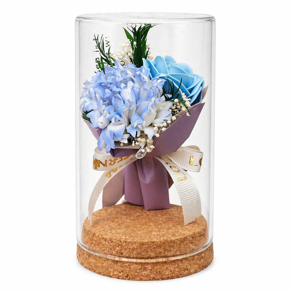 台灣現貨【香皂花玻璃罩合集】10cm玫瑰康乃馨向日葵質感花禮 母親節情人節生日送禮 玻璃罩提袋燈串可選 擺飾收藏