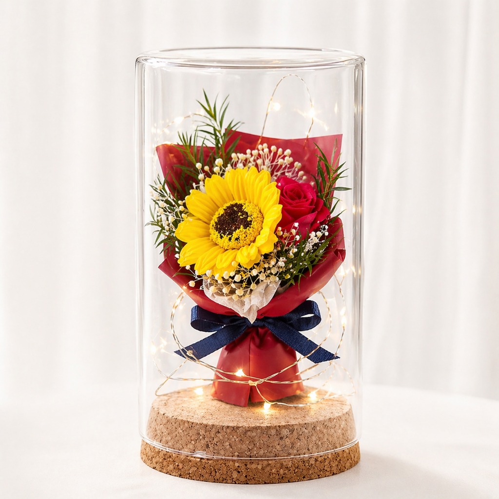 10cm香皂花玻璃罩（黃向日葵＋紅玫瑰）,純花束（無玻璃罩／無提袋／無燈串）