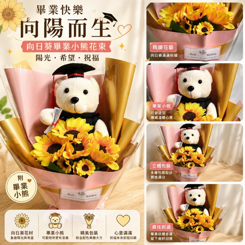 台灣現貨【畢業熊向日葵花束】40cm雙熊眼鏡熊玩偶畢業花禮 藍粉紫香檳可選 典禮合照送同學老師 畢業季拍照打卡祝福
