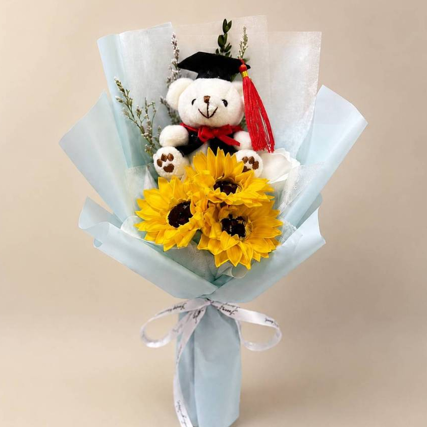 25cm5朵玫瑰向日葵＋康（藍色）,純花束（無提袋／無燈串）