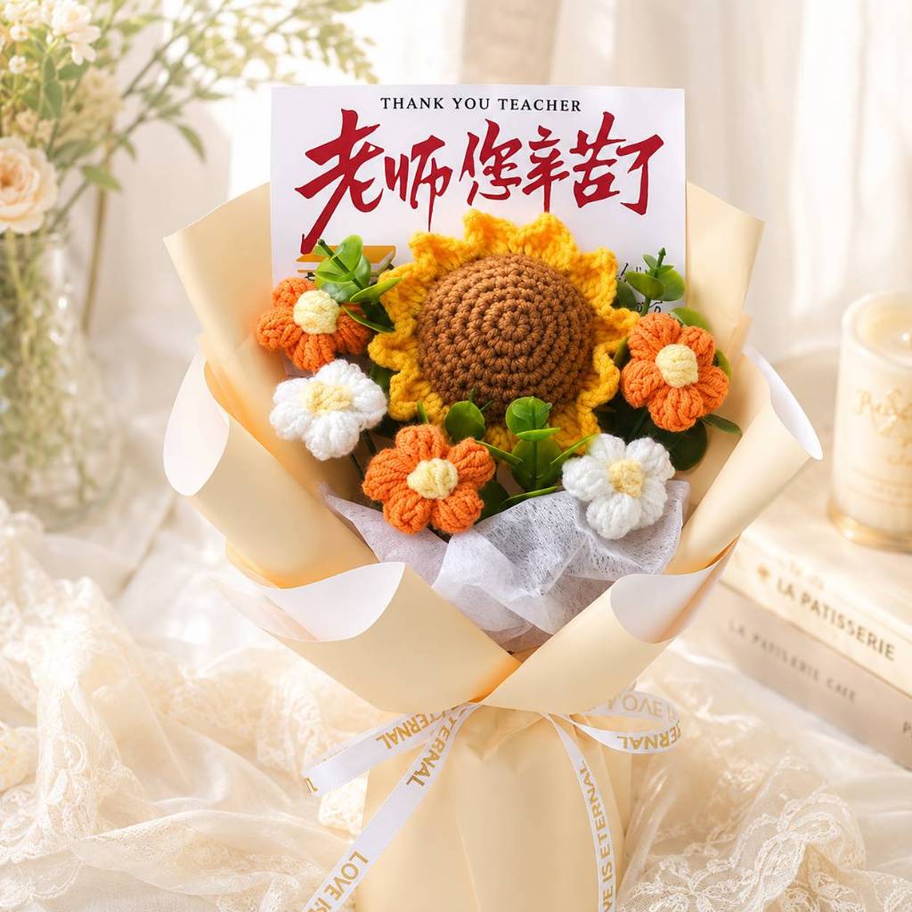 台灣現貨【康乃馨針織花束】25cm粉紫香檳康乃馨毛線花束 送老師畢業禮物 閨蜜送禮 櫥窗提袋燈串 畢業花束 生日禮物