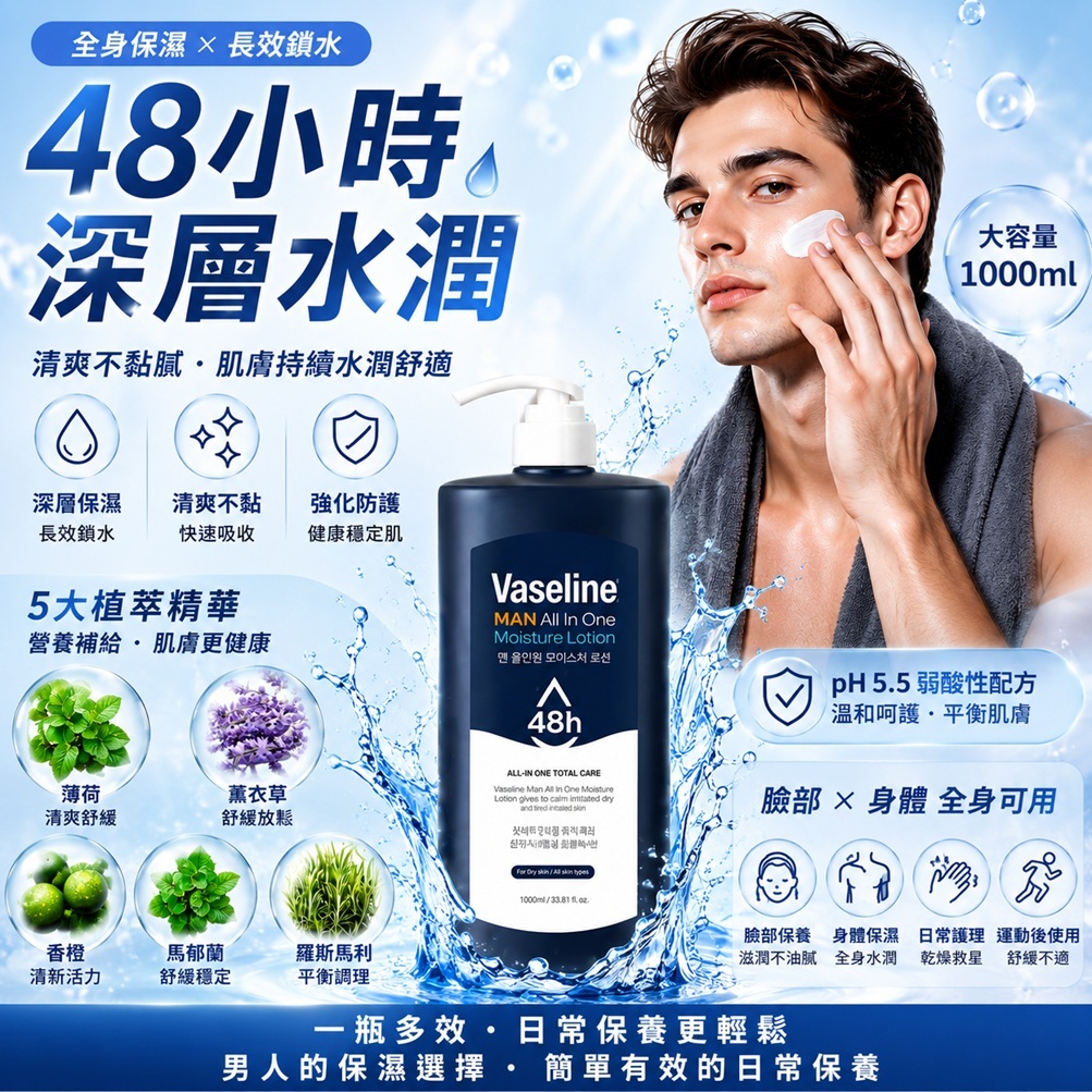 韓國 C2Y 凡士林 48h 男士保濕乳液 多效合一1L