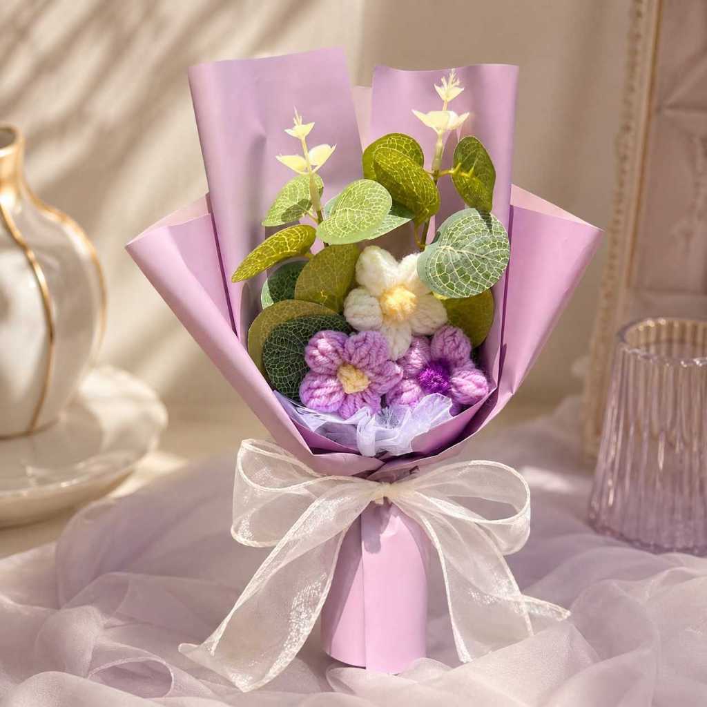 台灣現貨【30cm毛線泡芙花束】30cm毛線泡芙花束, 針織泡芙花, 毛線花束, 手工針織花禮, 粉色花束, 紫色花束